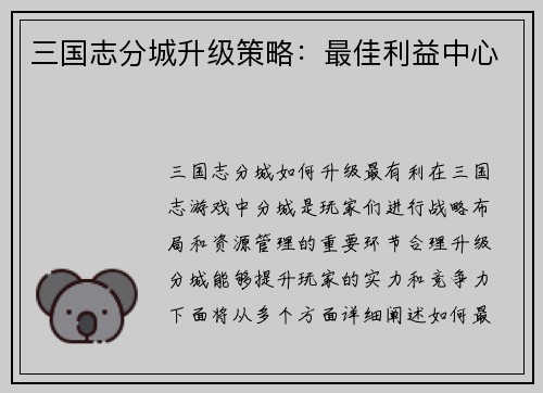 三国志分城升级策略：最佳利益中心